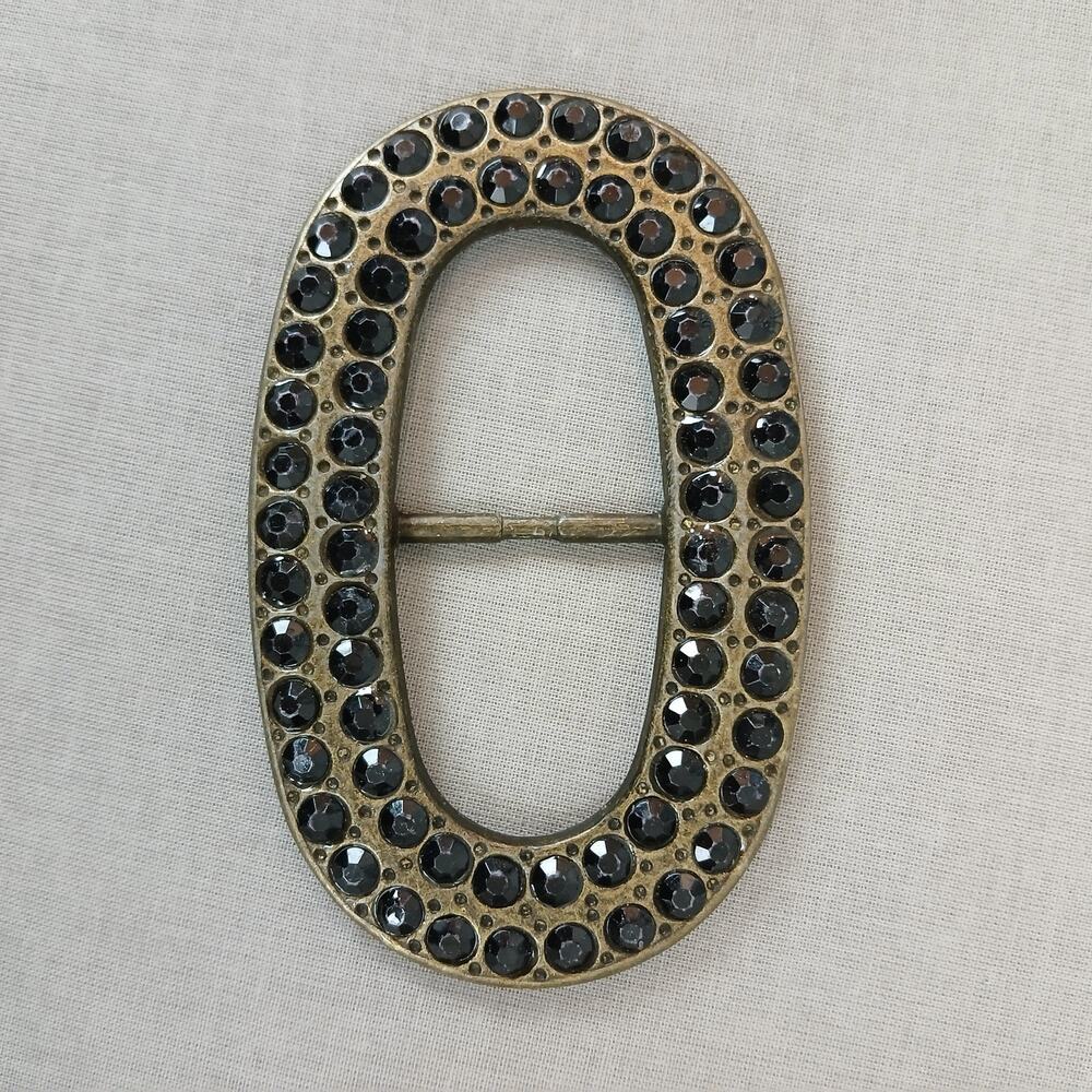 Oval brass vintage belt buckle studded with black rhinestones 4" x 2"